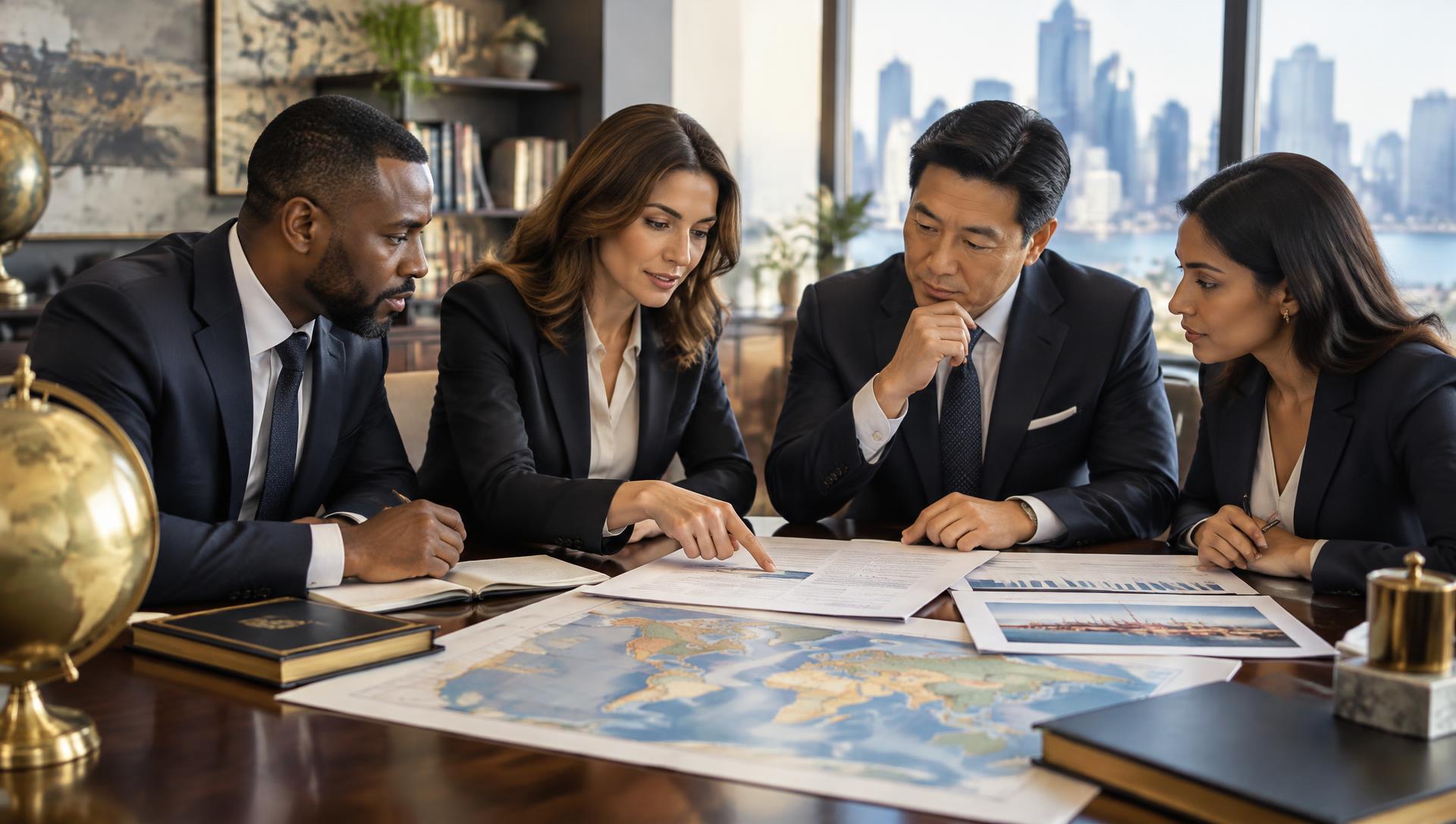 Executive international trade coordination workspace with commercial documents, global market data and transaction dashboards